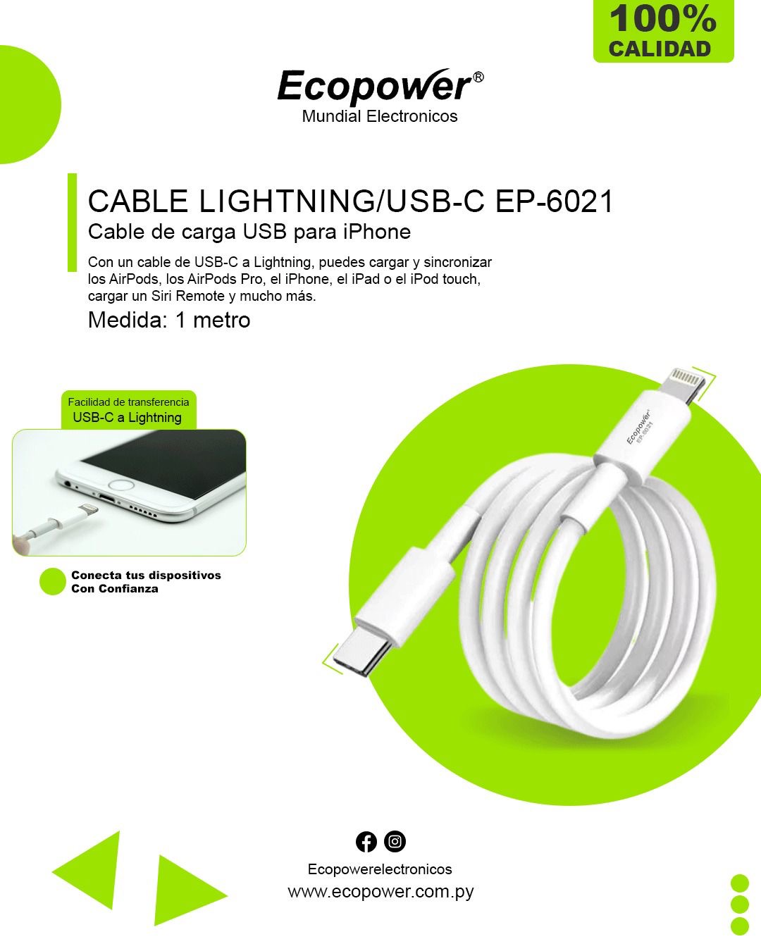 Cable usb ecopower tipo c a lightning (6021)