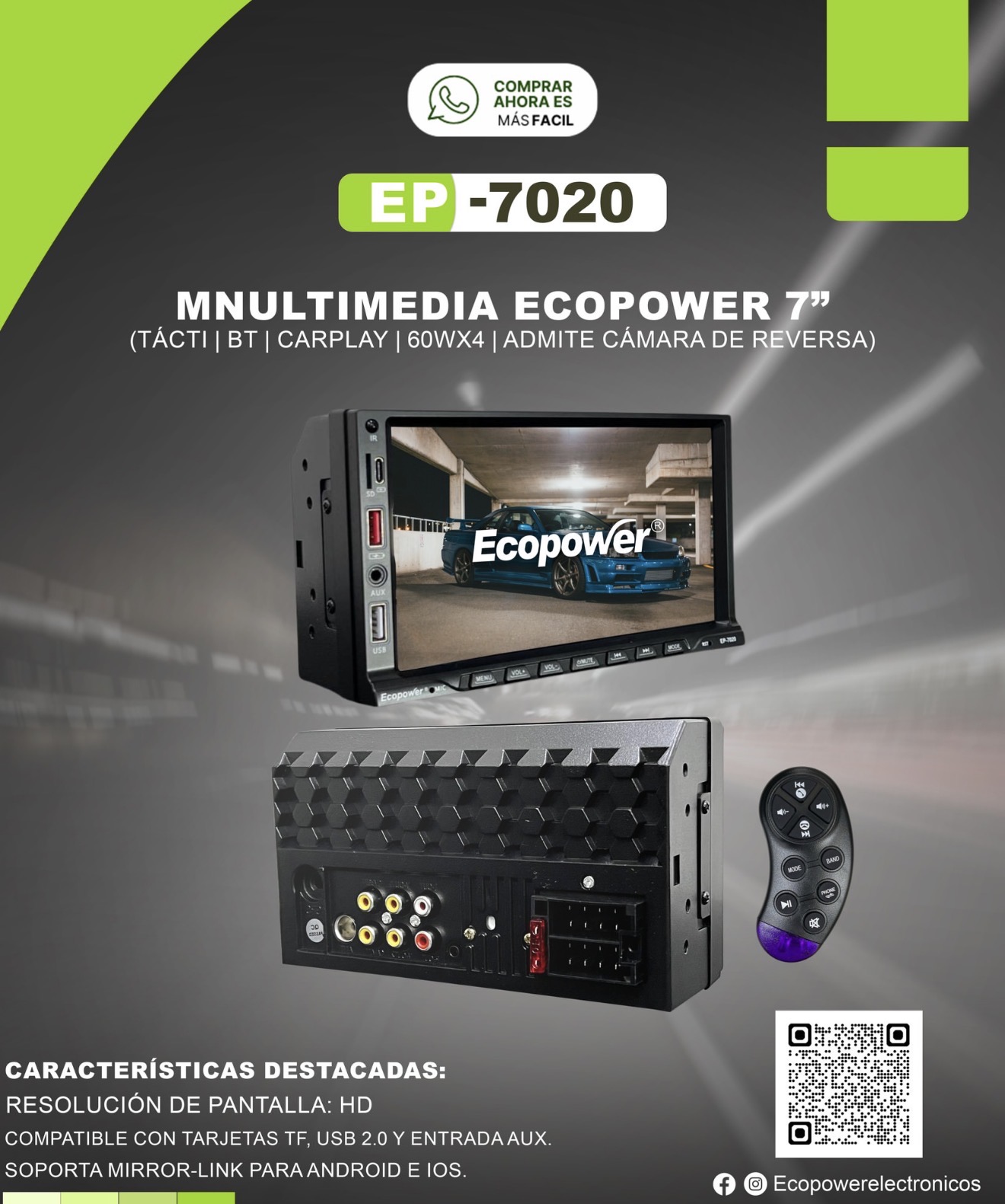 Auto estéreo multimedia para auto 7.0 ecopower ep 7020