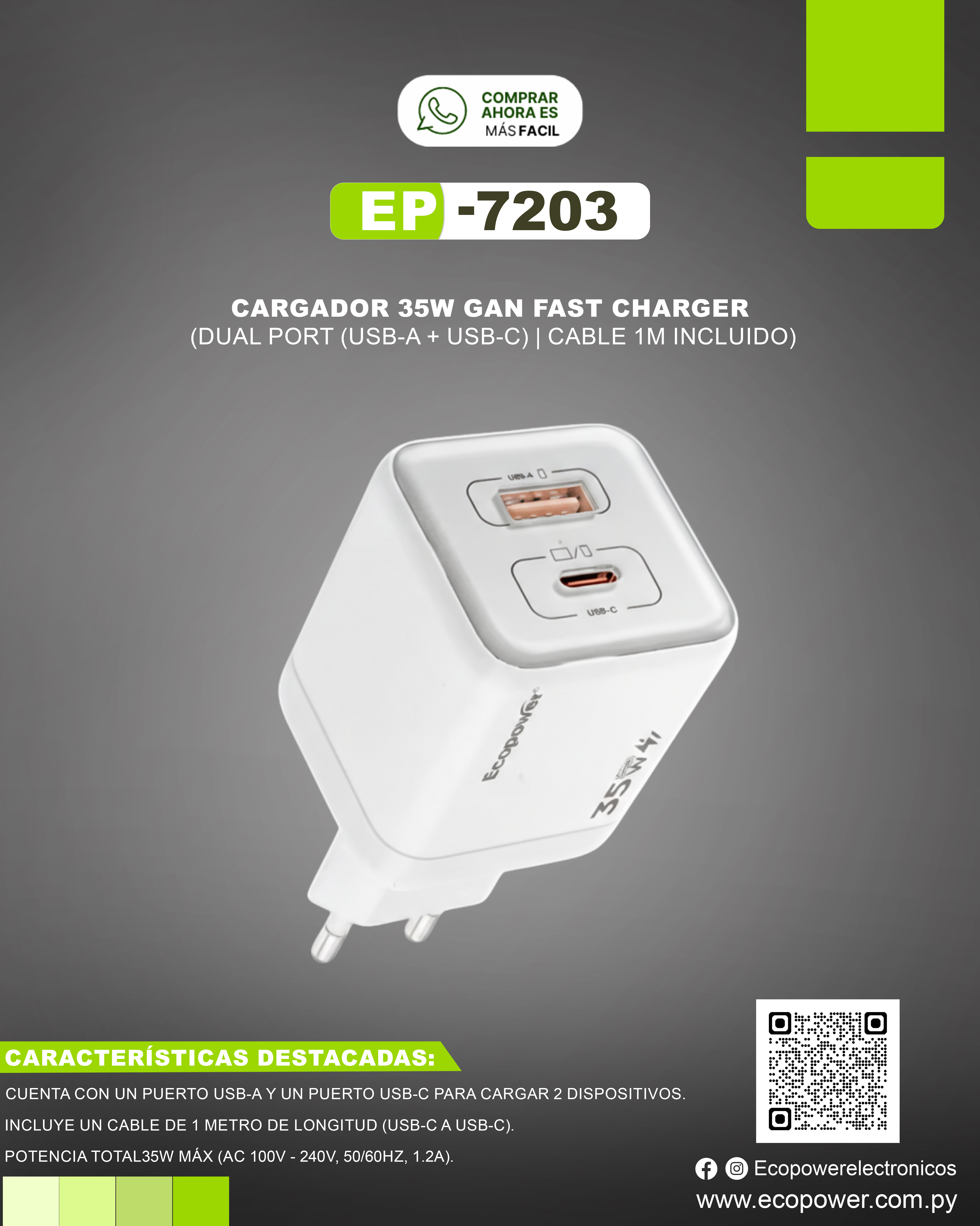 Cargador ecopower 35w  a +  tipo c  (7203)