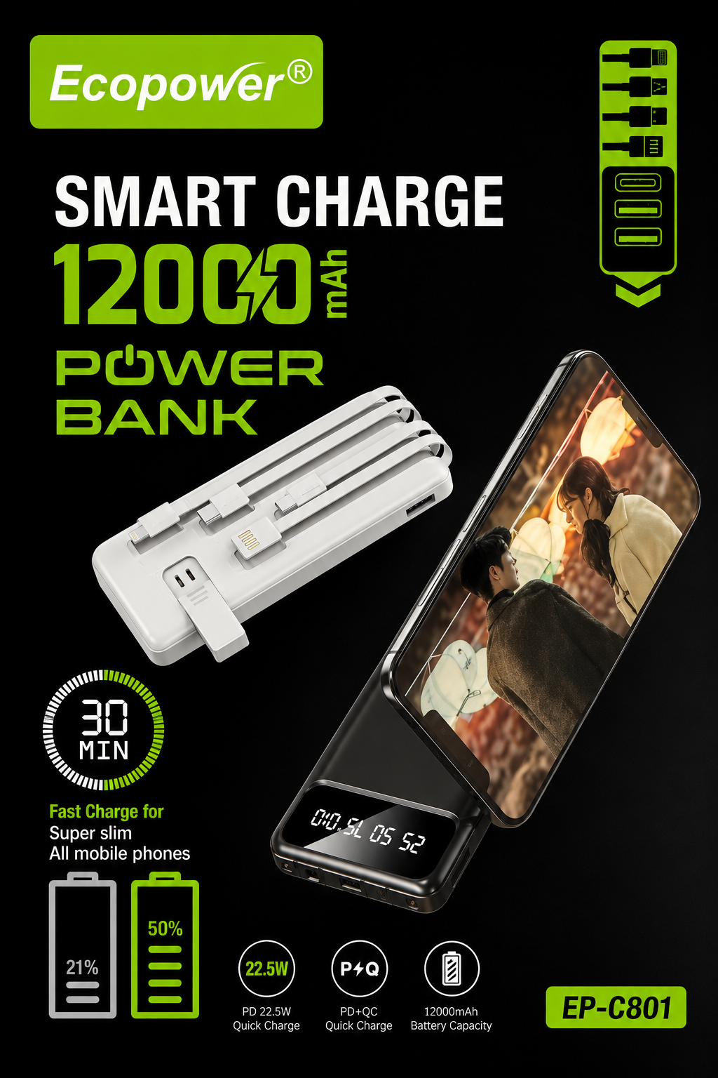 Cargador portatil ecopower 12.000 mah c801