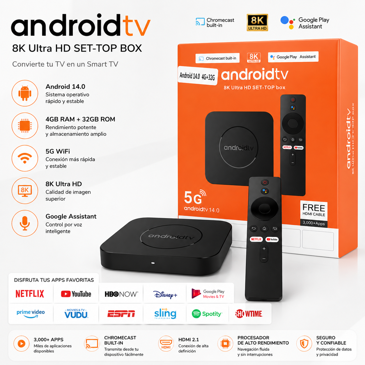 tv box android tv 14  google assistant (4gb + 32 gb )
