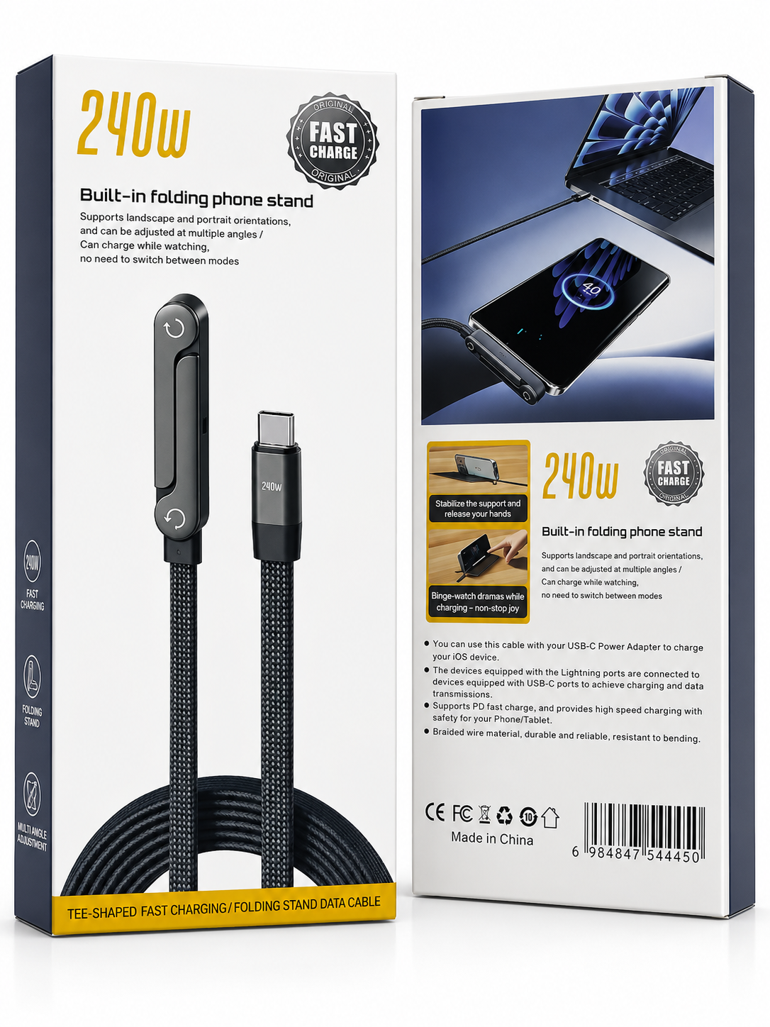 Cable usb 240w 1.5 m  usb c a usb c + soporte 