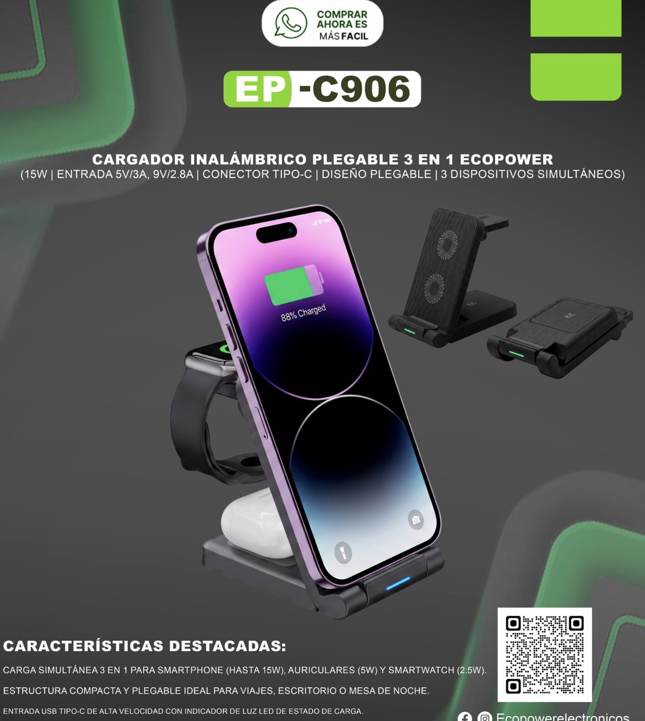 Cargador ecopower magsafe 15 w   3 en 1 (ep c 906)